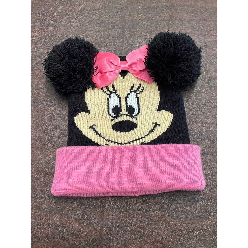 Disney Junior Minnie Mouse Black Knitted Winter‎ Beanie Hat Pom Poms Pink Bow